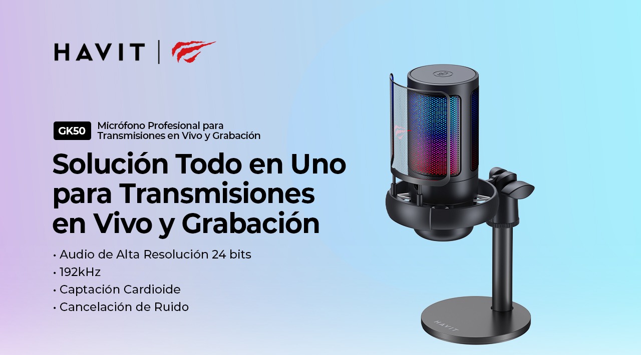 GK50 | Micr&oacute;fono Gamer HAVIT RGB con Soporte Ajustable y Sonido Profesional para Streaming y Gaming